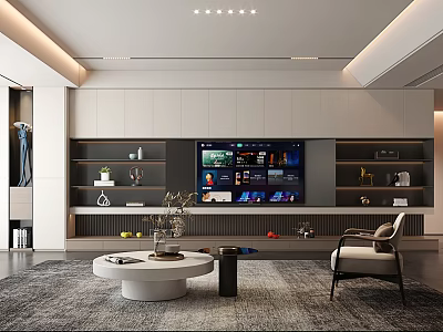 Modern Living Room Interior With TV Wall Storage Cabinets And Coffee Table Rug 3d model