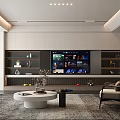 Modern Living Room Interior With TV Wall Storage Cabinets And Coffee Table Rug