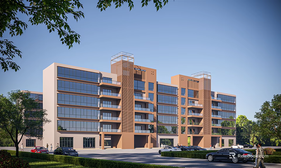 Modern Multi Storey School Building with Glass Curtain Walls Brown Exterior and Surrounding Greenery Vehicles 3d model 