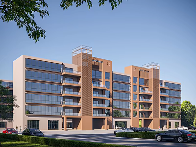 Modern Multi Storey School Building with Glass Curtain Walls Brown Exterior and Surrounding Greenery Vehicles 3d model