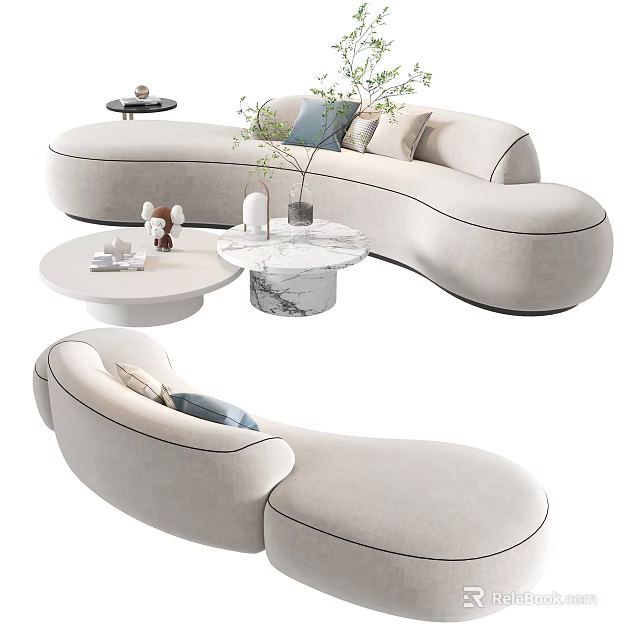 Beige Curved Sectional Sofa With Throw Pillows And Marble Coffee Table Decorative Items 3d model 