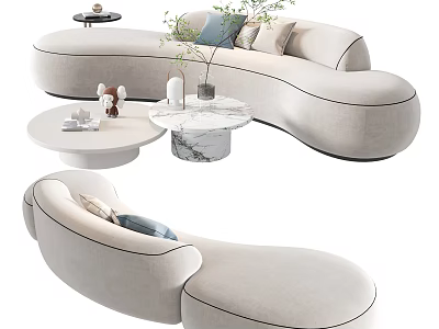 Beige Curved Sectional Sofa With Throw Pillows And Marble Coffee Table Decorative Items 3d model