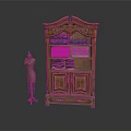 Classical Wooden Wardrobe With Carved Details And Multiple Shelves Holding Folded Clothes And Shoes