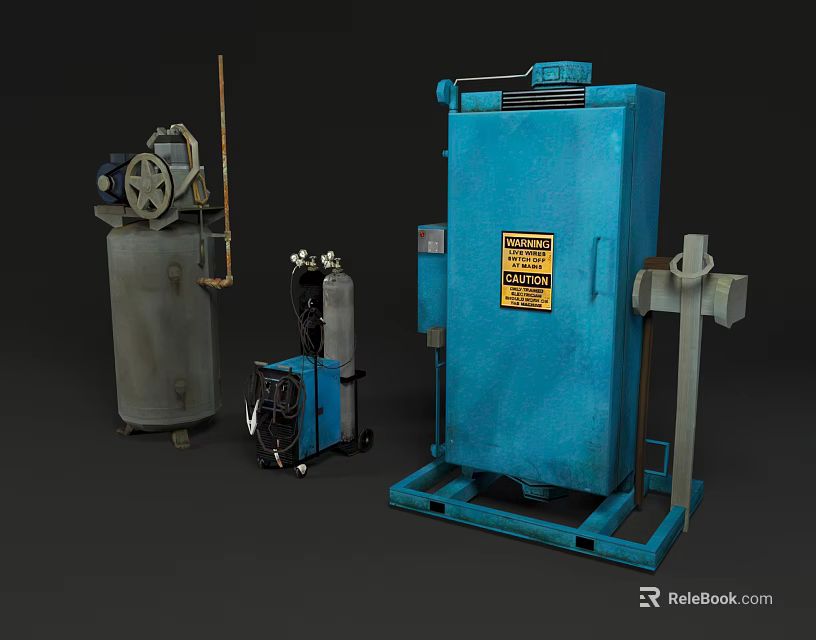 Industrial Equipment Collection Including Blue Machinery Compressor And Storage Tank 3d model 