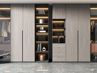 Modern Wooden Wardrobe With Hanging Space Drawers Open Shelves And LED Lighting 3d model