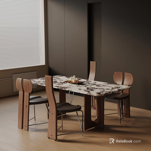 Modern Minimalist Dining Table Set With Marble Top And Four Wooden Chairs 3d model 