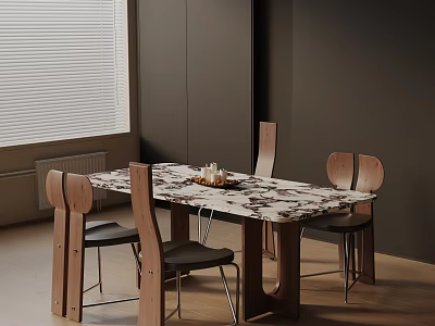Modern Minimalist Dining Table Set With Marble Top And Four Wooden Chairs 3d model