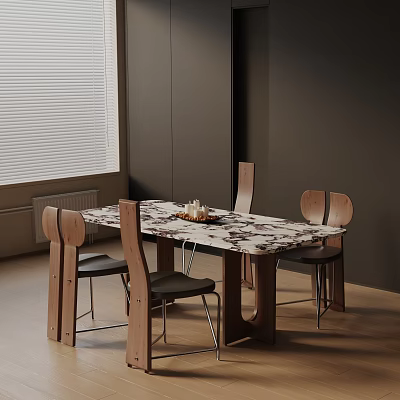 Modern Minimalist Dining Table Set With Marble Top And Four Wooden Chairs 3d model