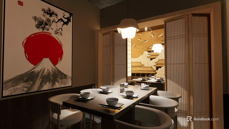 Japanese Style Private Dining Room With Mountain Artwork Dining Table And Pendant Lights 3d model 