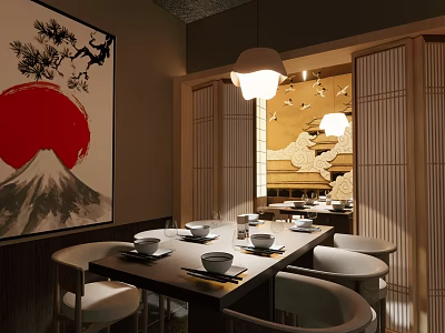 Japanese Style Private Dining Room With Mountain Artwork Dining Table And Pendant Lights 3d model