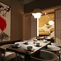 Japanese Style Private Dining Room With Mountain Artwork Dining Table And Pendant Lights