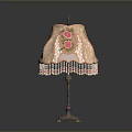 Decorative Lighting Combination With Pink Rose Patterned Lace Shade Metal Base Beaded Fringe Table Lamp