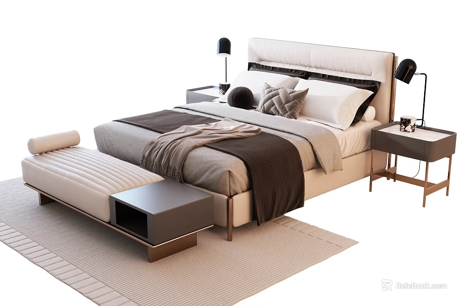 Modern Double Bed with Upholstered Headboard Pillows Throw Blanket Nightstands and Table Lamps 3d model 