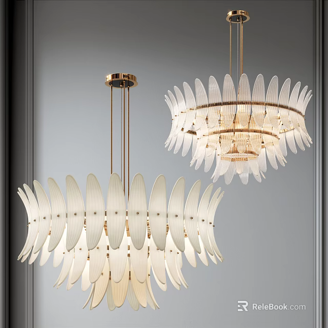Modern Elegant Chandelier With White Leaf Shaped Glass Shades And Gold Metal Frame 3d model 