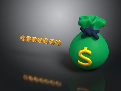 Household Green Money Bag With Yellow Dollar Sign And Gold Coins Rolling 3d model