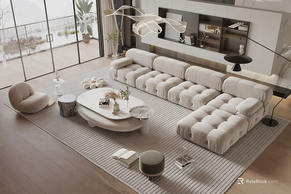 Modern Living Room With Sectional Sofa Round Coffee Table Set And Chandelier Rug 3d model 