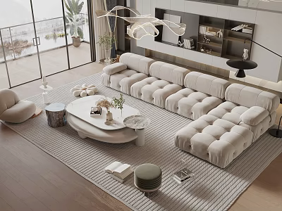 Modern Living Room With Sectional Sofa Round Coffee Table Set And Chandelier Rug 3d model