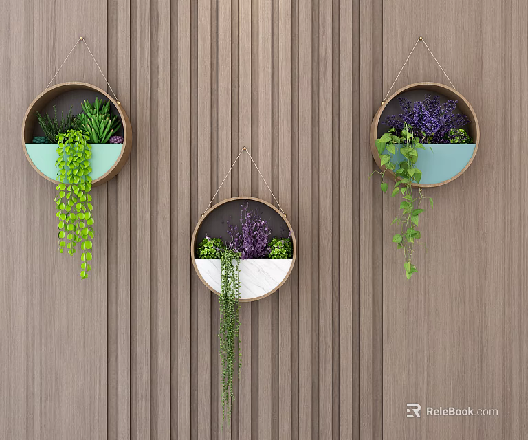 Three Round Wall Decor with Green and Purple Plants on Wooden Striped Wall 3d model 
