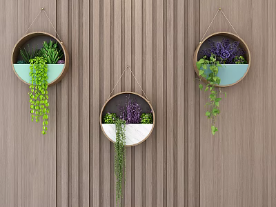 Three Round Wall Decor with Green and Purple Plants on Wooden Striped Wall 3d model