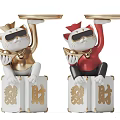 Decorative Lucky Cat Ornament Set with Gold Red Figurines Sunglasses Holding Trays and Fortune Bases