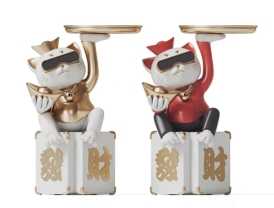 Decorative Lucky Cat Ornament Set with Gold Red Figurines Sunglasses Holding Trays and Fortune Bases 3d model