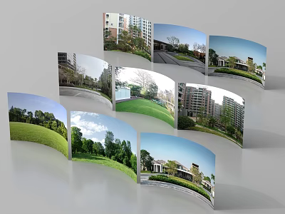 Curved Display Panels Showcasing Green Lawns Park Landscapes And Residential Buildings 3d model