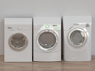 Three Modern White Washing Machines With Different Control Panels And Door Designs 3d model