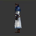 Man Wearing Blue and White Robe and Belt with Brown Boots Standing Against Gray Background