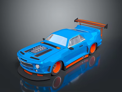 Modified Blue Sports Car With Orange Wheels Rear Spoiler And Black Stripes 3d model