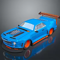 Modified Blue Sports Car With Orange Wheels Rear Spoiler And Black Stripes