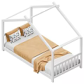 White House Shaped Kids Bed With Yellow Patterned Pillows And Blanket