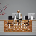 Modern Reception Desk With LOGO Apple Computers Woman Staff And Red Flower Branches