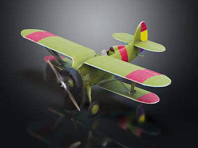 Vintage Green Red Passenger Plane Biplane Model With Propeller Wheels And Dark Background Details 3d model
