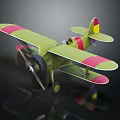 Vintage Green Red Passenger Plane Biplane Model With Propeller Wheels And Dark Background Details