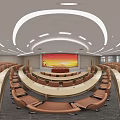Tiered Modern Conference Room With Brown Chairs Curved Tables White Curved Ceiling Lights And Large Windows