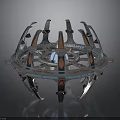 Futuristic Circular Mechanical Device With Metallic Arms Blue Core And Orange Accents