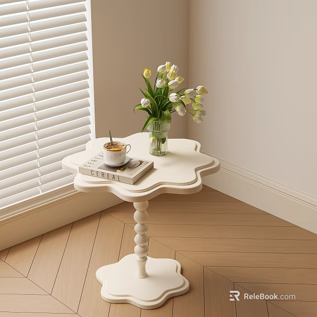 White Scallop Edge Side Table With Vase Flowers Coffee Cup And Book On Wooden Floor 3d model 