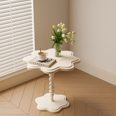 White Scallop Edge Side Table With Vase Flowers Coffee Cup And Book On Wooden Floor 3d model