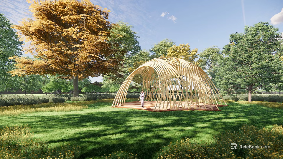 Curved Wooden Pergola Design In Green Grassland With Trees And Natural Landscape 3d model 