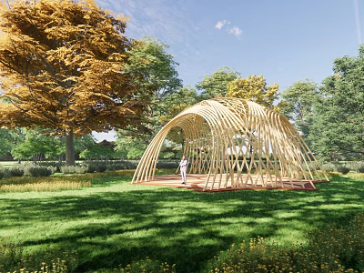 Curved Wooden Pergola Design In Green Grassland With Trees And Natural Landscape 3d model