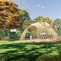 Curved Wooden Pergola Design In Green Grassland With Trees And Natural Landscape