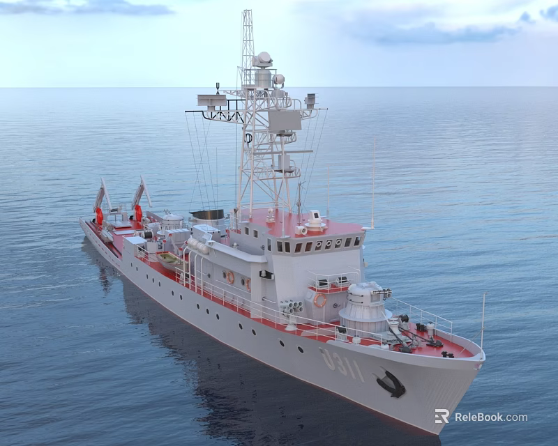 White Warship With Red Accents Hull Number 311 Radar Equipment On Deck At Sea 3d model 