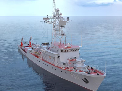 White Warship With Red Accents Hull Number 311 Radar Equipment On Deck At Sea 3d model