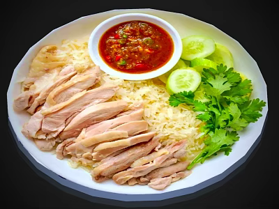 Sliced Chicken Served with Rice Red Sauce Cucumber Slices and Coriander on White Plate 3d model