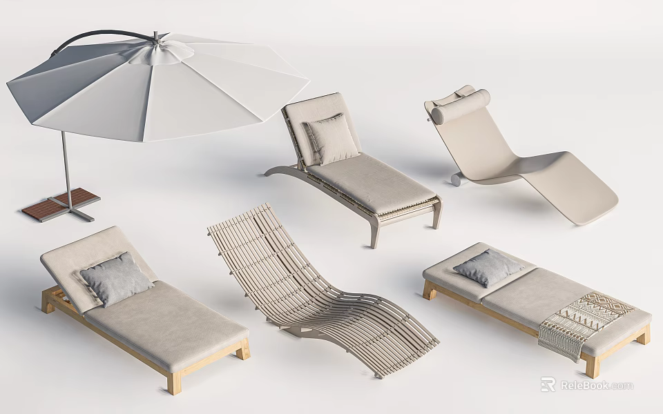 Outdoor Lounge Chairs With White Umbrella Wooden Frame And Woven Cushioned Seats 3d model 