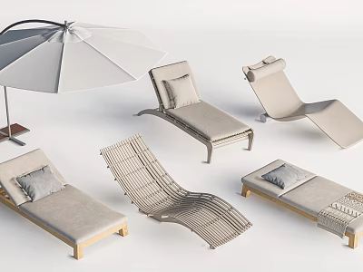 Outdoor Lounge Chairs With White Umbrella Wooden Frame And Woven Cushioned Seats 3d model