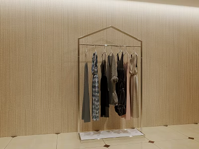 Various Stylish Clothes Hanging on Transparent Rack Against Beige Wall Background 3d model