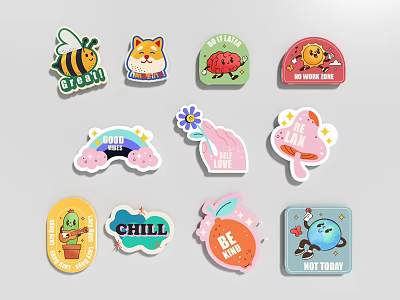 Colorful Cartoon Stickers Set With Animal Plant And Word Designs 3d model