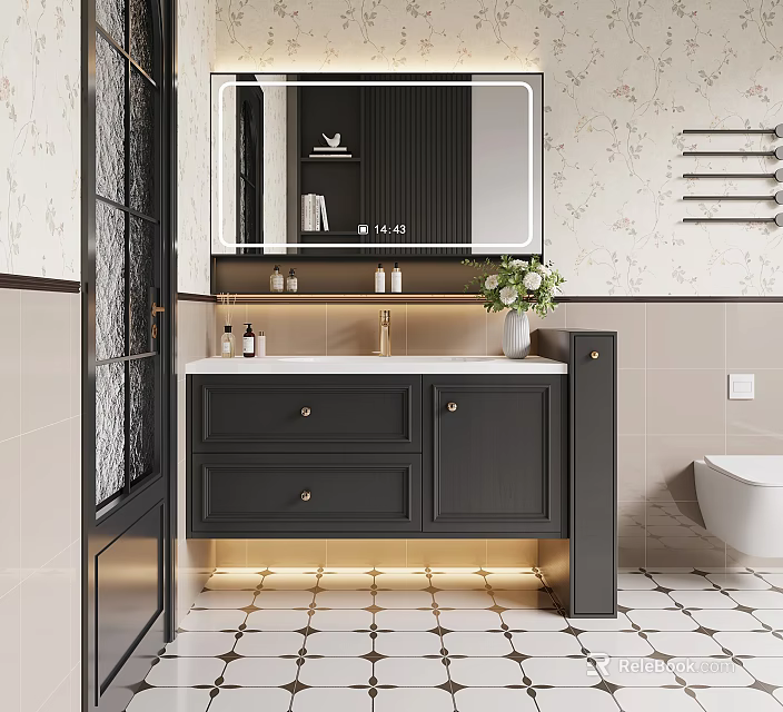 Elegant Black Bathroom Vanity Cabinet With Mirror Marble Top Plant And Under Cabinet Lighting 3d model 