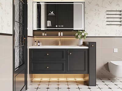 Elegant Black Bathroom Vanity Cabinet With Mirror Marble Top Plant And Under Cabinet Lighting 3d model